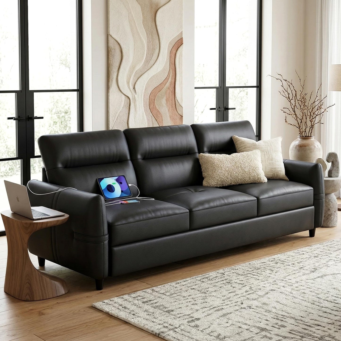 STHOUYN 85” Black Faux Leather Couch with USB, 3 Seater Sofa Couches for Living Room, Large Mid Century Modern Office Apartment Couch (Black)