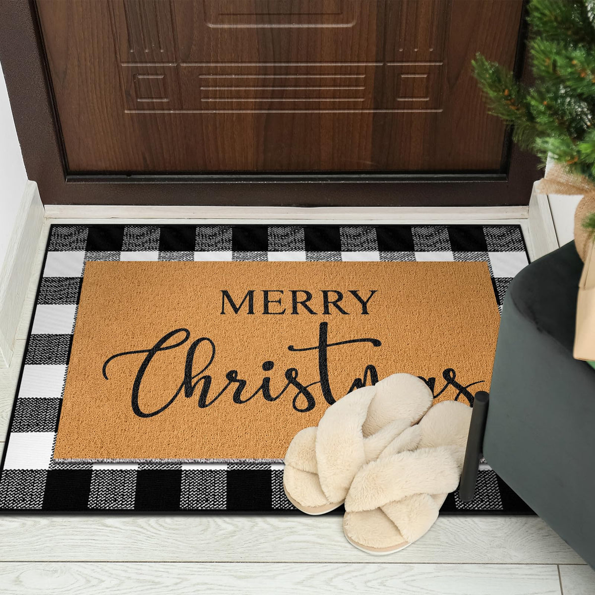 Duraaamo 2 Pcs Christmas Doormat Merry Christ Non Slip Outdoor Rug Xmas Welcome Layered Buffalo Floor Mats for Front Porch Entryway(Black White,Plaid)