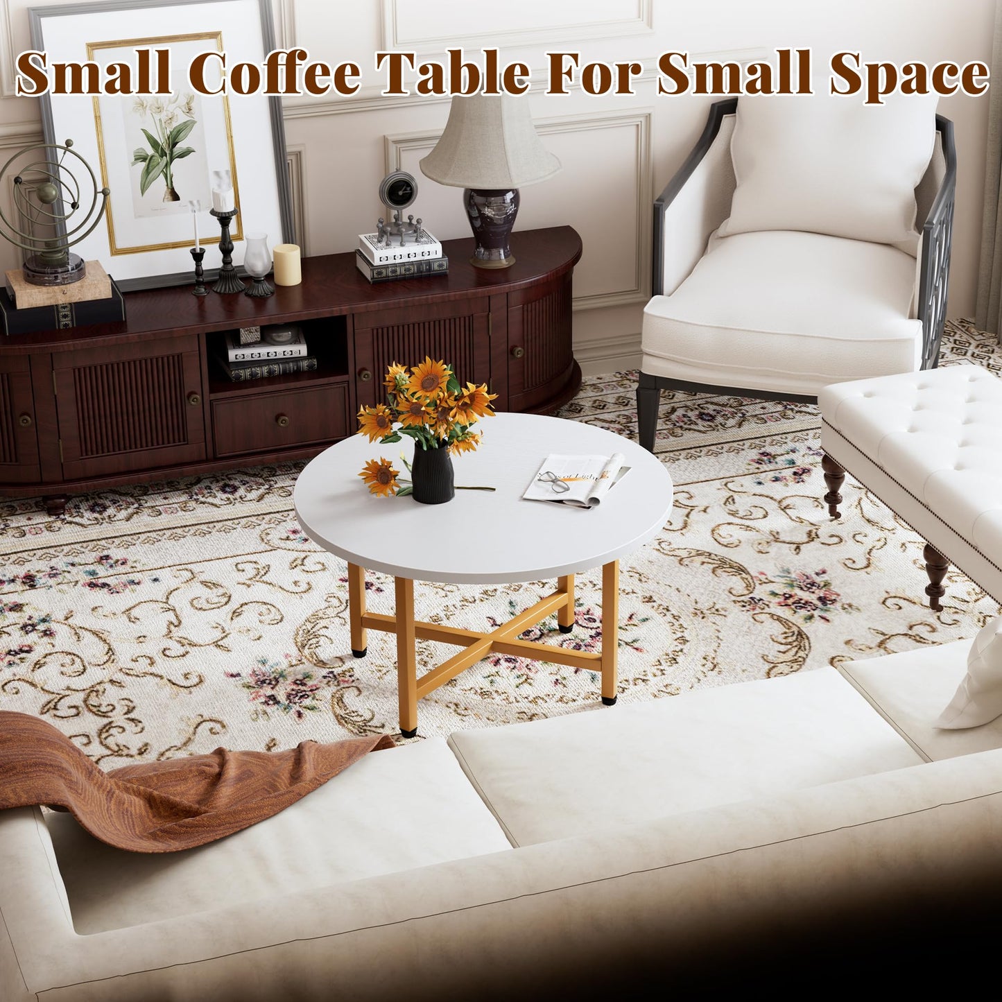FURMORENE Coffee Table, 23.6" Small Coffee Tables, Gray Round Coffee Tables for Living Room, Floor Table for Sitting on The Floor, Center Coffee Table with Metal Frame for Office Apartment Home, Gold