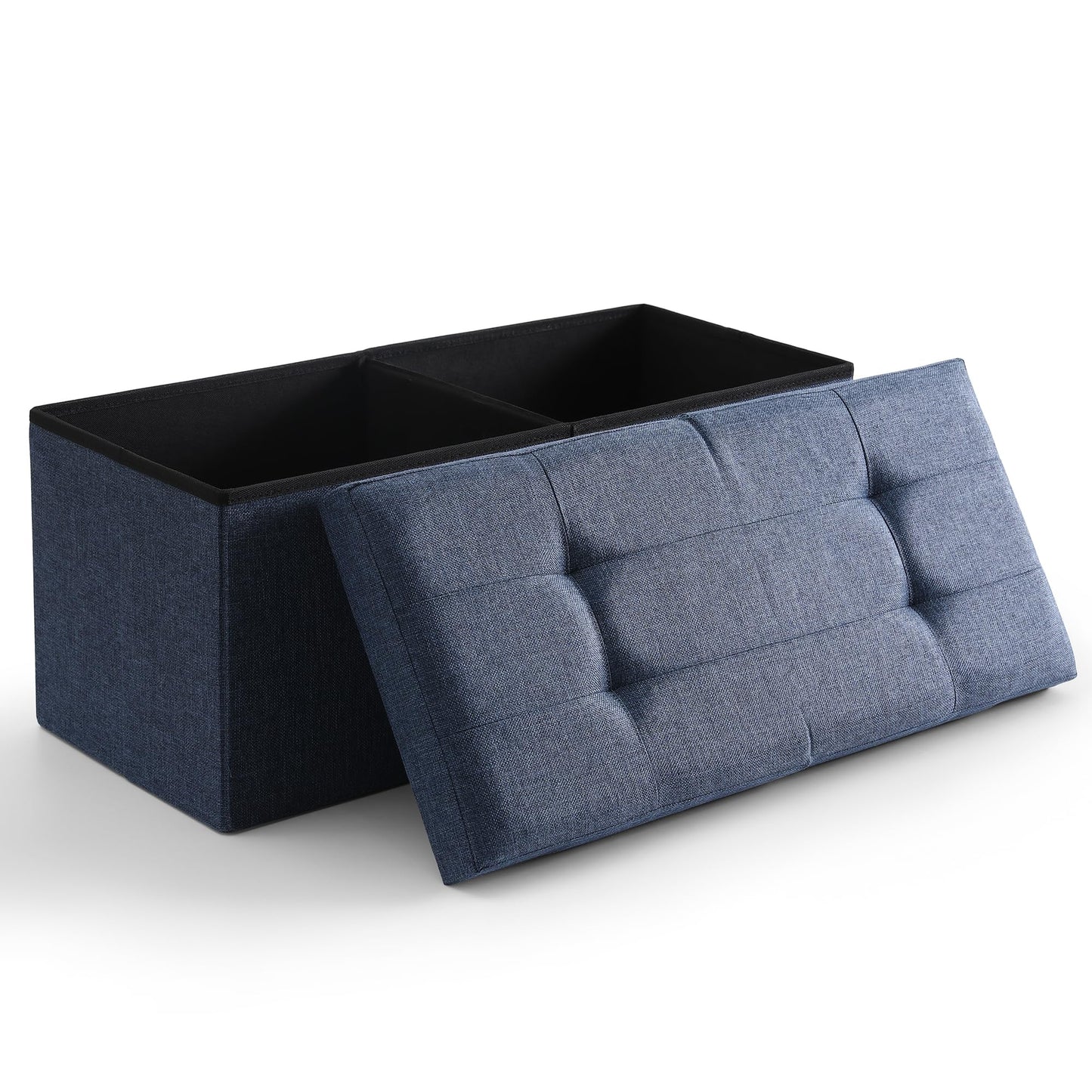 CUYOCA Storage Ottoman Bench Foldable Seat Footrest Shoe Bench End of Bed Storage with Flipping Lid, 75L Storage Space, 30 inches Linen Fabric Navy