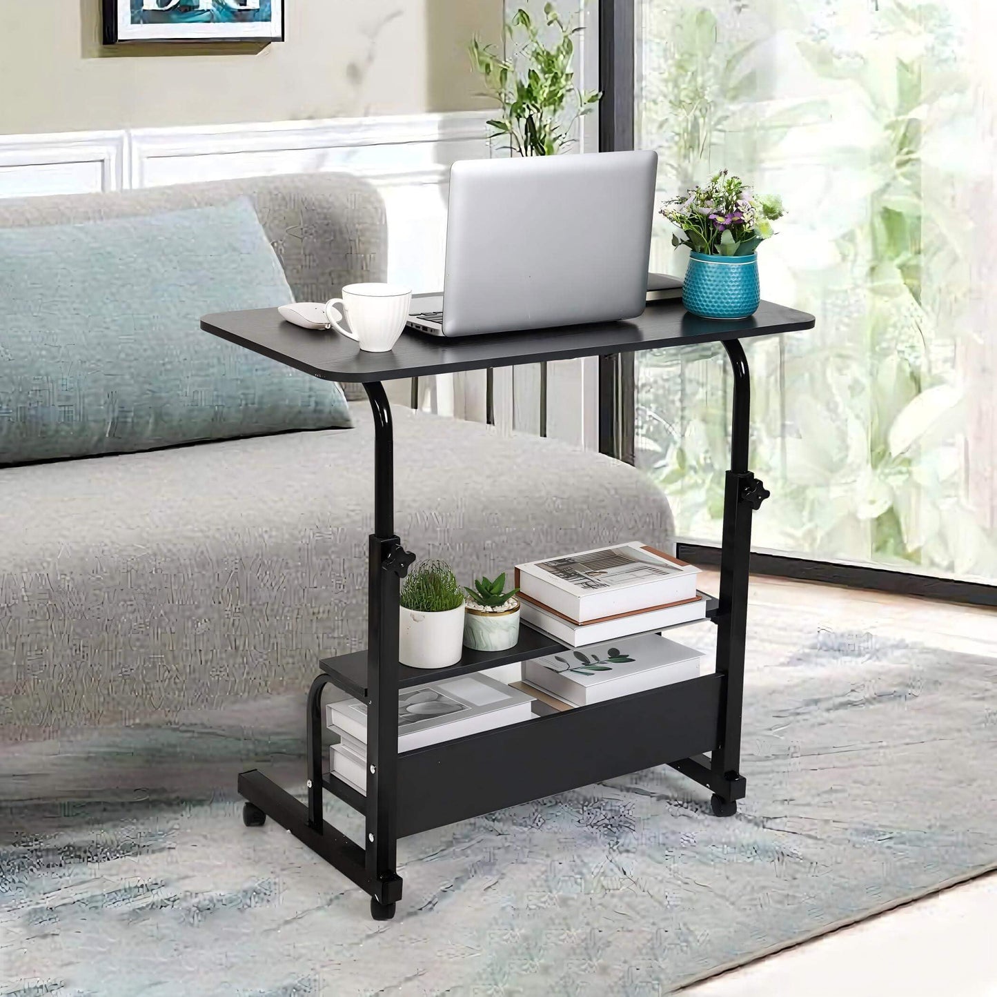Fawabriyj Adjustable Laptop Standing Desk - Mobile Rolling Computer Workstation for Small Spaces, Portable Home Office Desk with Storage Black