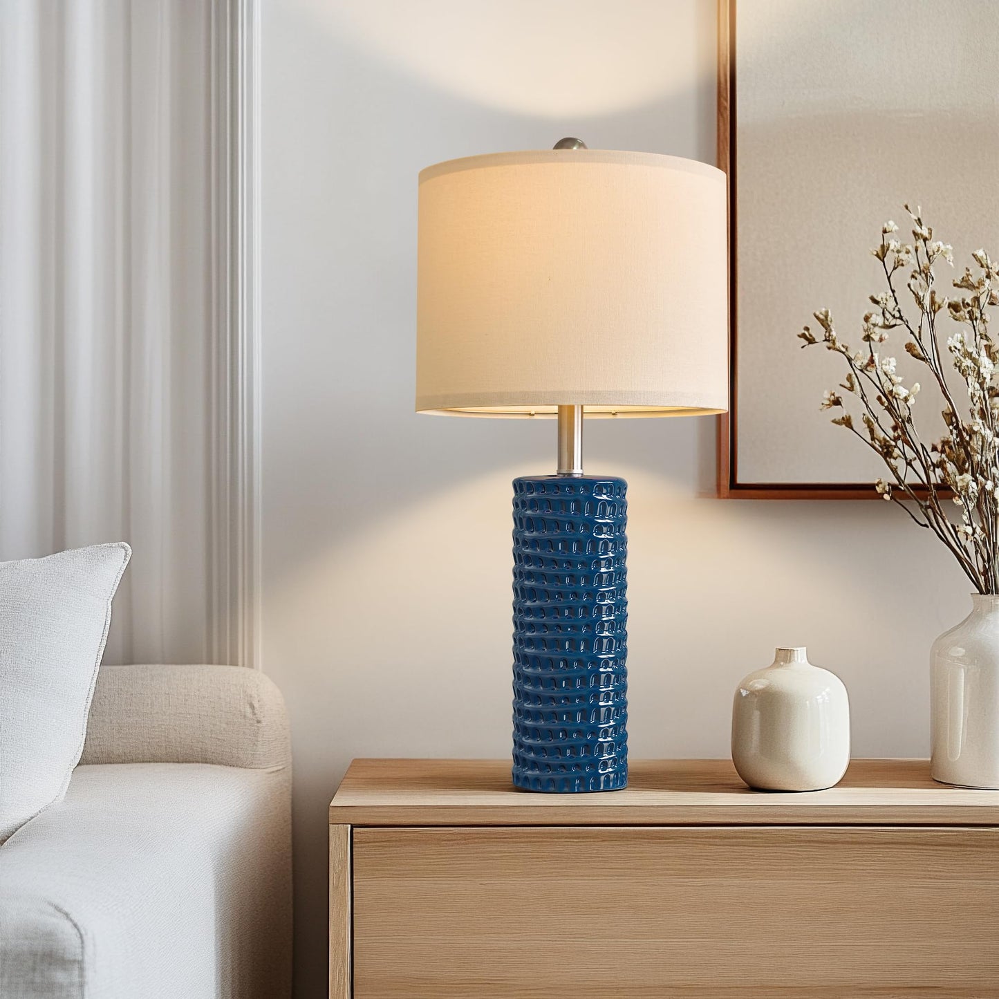 PORTRES 24.75" Modern Accent Ceramic Table Lamp Set of 2 for Bedroom Desk Decor Bedside Lamps for Living Room Study Room Office Dorm Farmhouse Nightstand Lamp End Table Lamps (Blue)