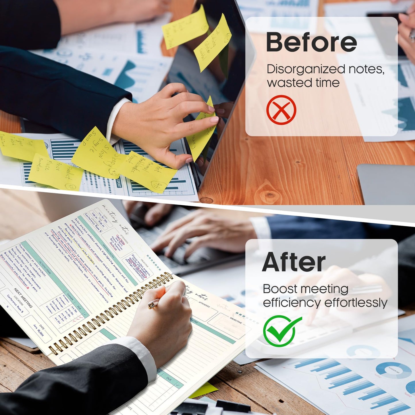 Meeting Notebook for Work Organization - Work notebook with action items, Meeting Minutes Planner Notebook, Perfect Office Supplies for Men & Women - Evening Petals