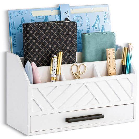 dreampossible Wood Desk Organizer and Accessories with Drawer, Bill Mail Organizer and File Mail Holder for Office Supplies, Modern Desk Accessories & Workspace Organizers for Desk Organization