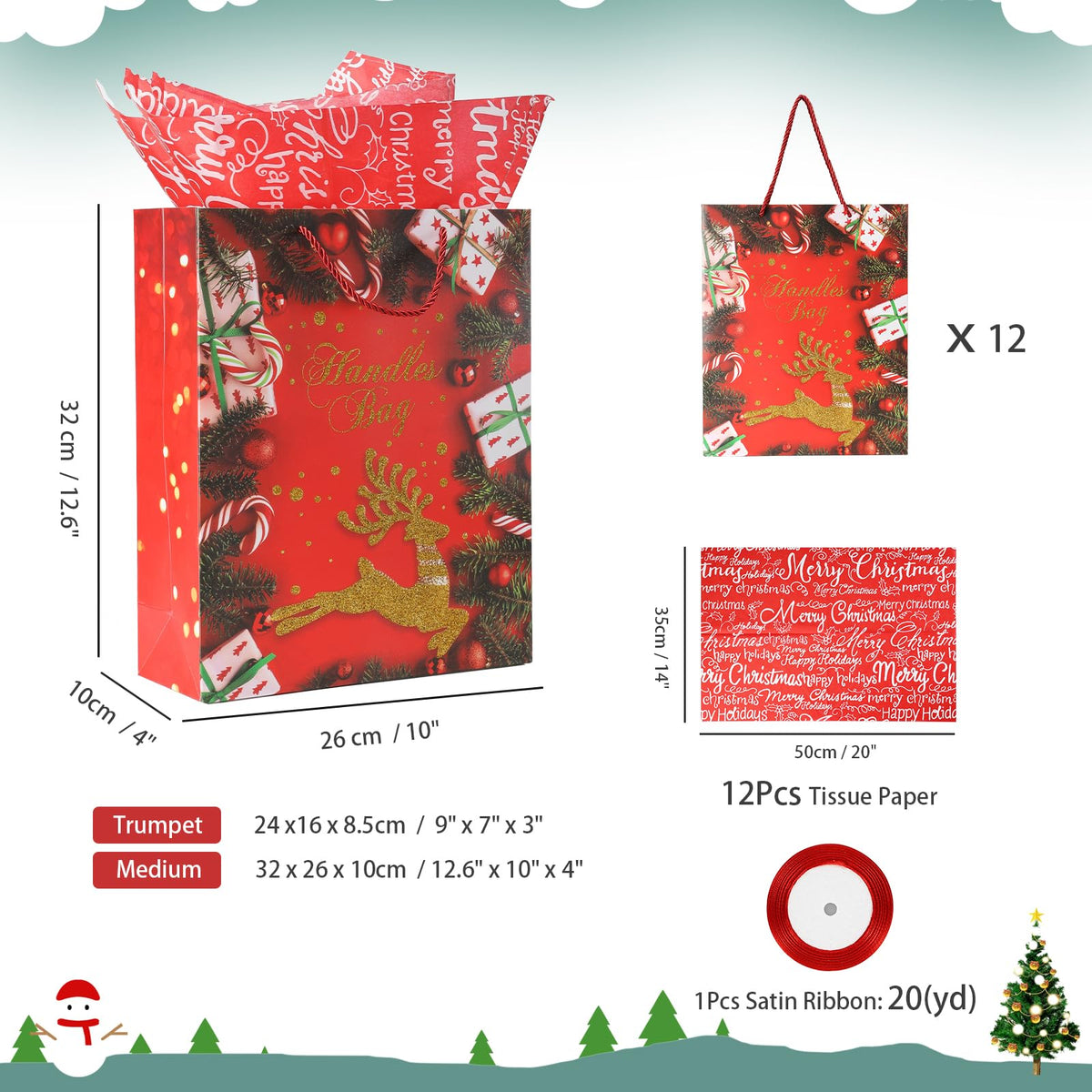 Rusikia 12 Christmas Gift Bags with 12 Tissues and 1 Satin Ribbon - Medium