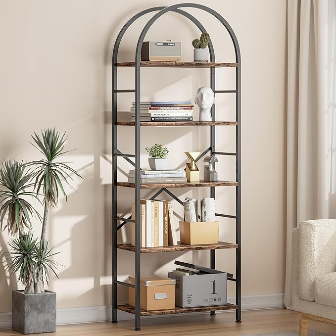 Shintenchi Bookshelf, Arched Bookshelf 5 Tier Bookcase, Tall Shelf
