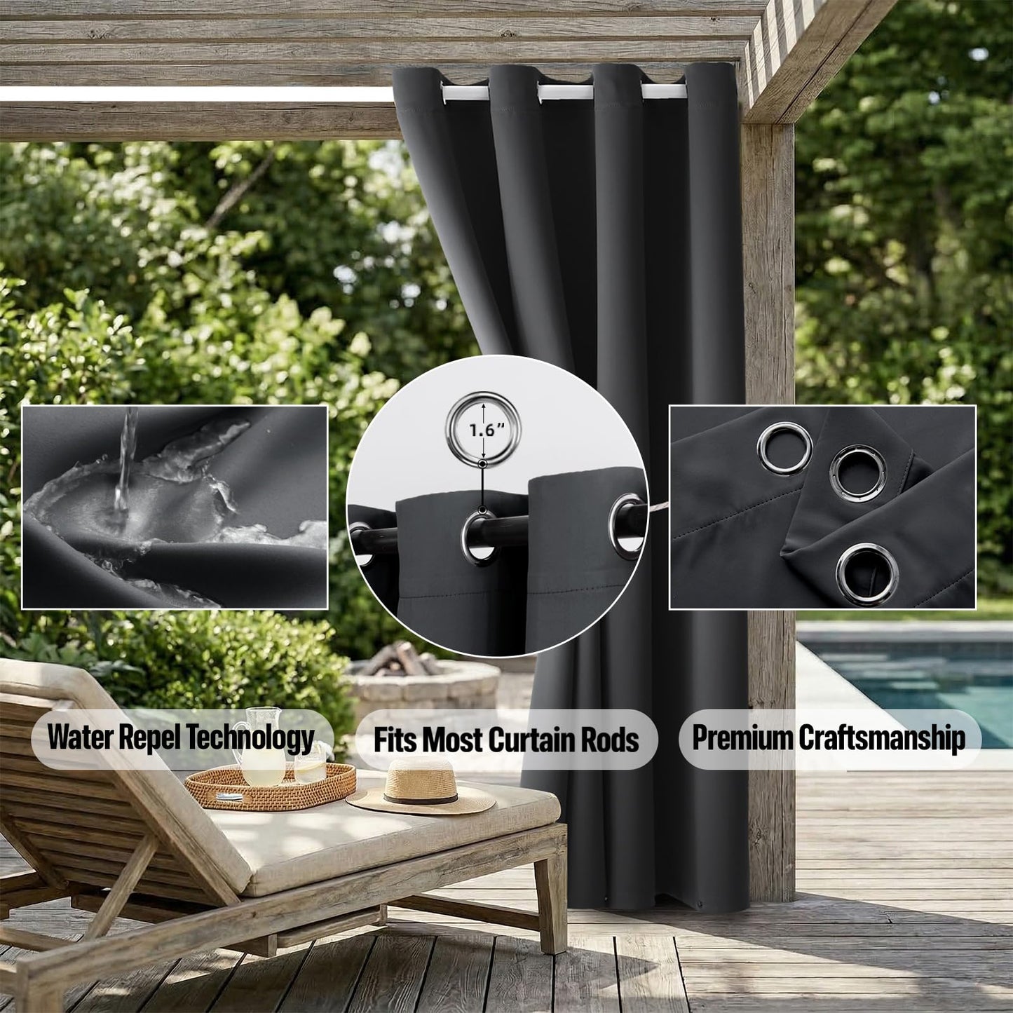 DIVA EN CAMINO DEC Outdoor Patio Curtain Waterproof Darkening Thermal Insulated Indoor Curtains for Bedroom, Porch, Living Room, Pergola, Cabana, W84 x L95, Dark Gray, Set of 2 Panels