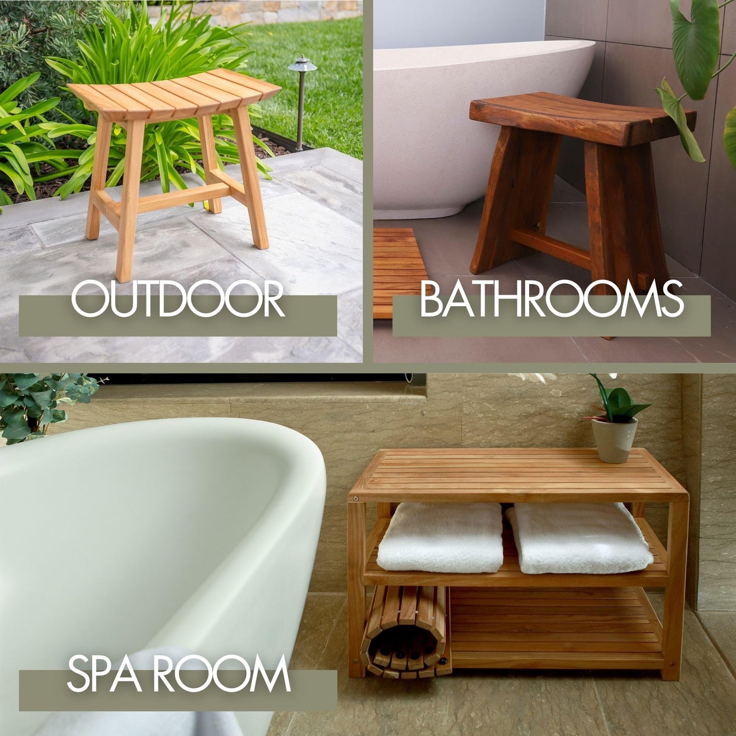 NORDIC STYLE TEAK Shower and Bath Stool, Teak Wood Shower Bench, Indoor and Outdoor Use 17.7" (Natural Finish w/Curved Seat)