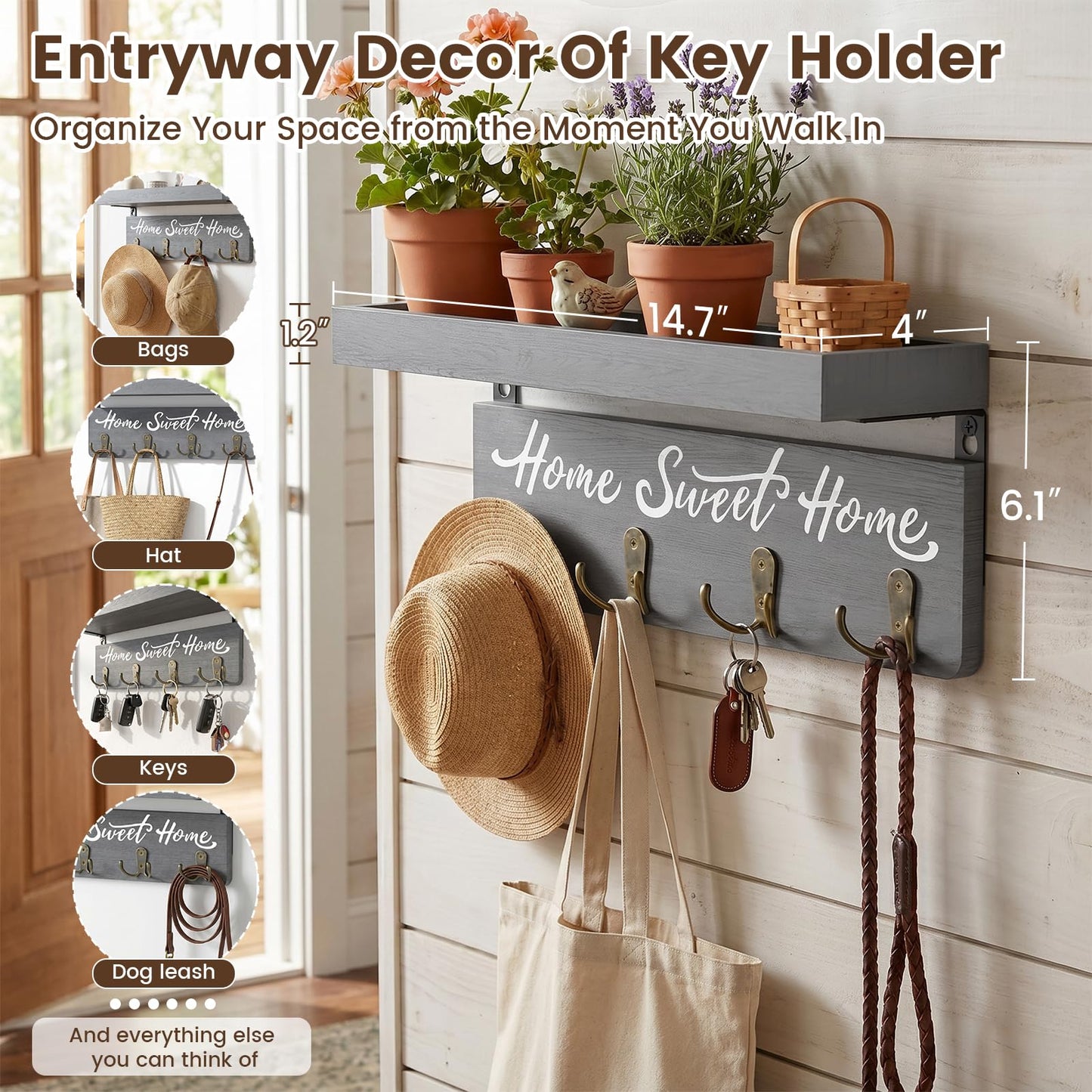 buways Key Holder Wall Mount with 4 Double Hooks-Solid Wood Wall-Mounted Organizer for Keys&Mail Rustic Key Rack Hanger Holder Home Decor for Entryway Living Room (Gray)