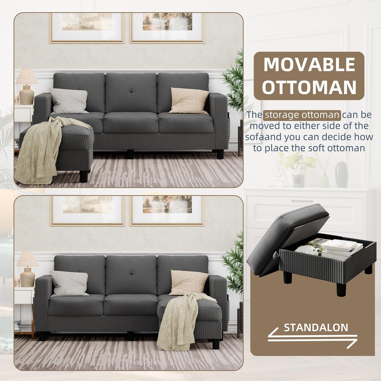 Convertible Sectional Sofa with Storage Ottoman, 77” L-Shaped 3-Seat Couch with Skin-Friendly Corduroy Fabric, Reversible Small Sectional for Small Space, Apartment, Living Room and Office(Dark Grey)