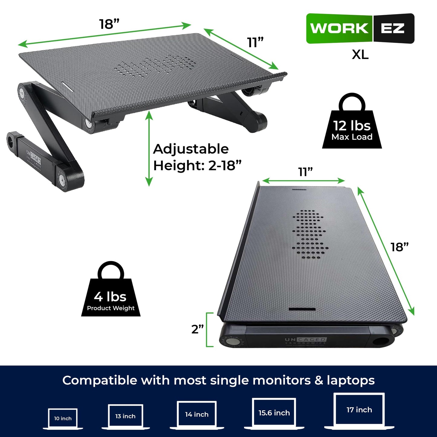 Uncaged Ergonomics WorkEZ Adjustable Laptop Stand for Desk, Laptop Stand Adjustable Height, Foldable Aluminum Cooling Computer Holder & Riser for Desk Bed, Black, XL