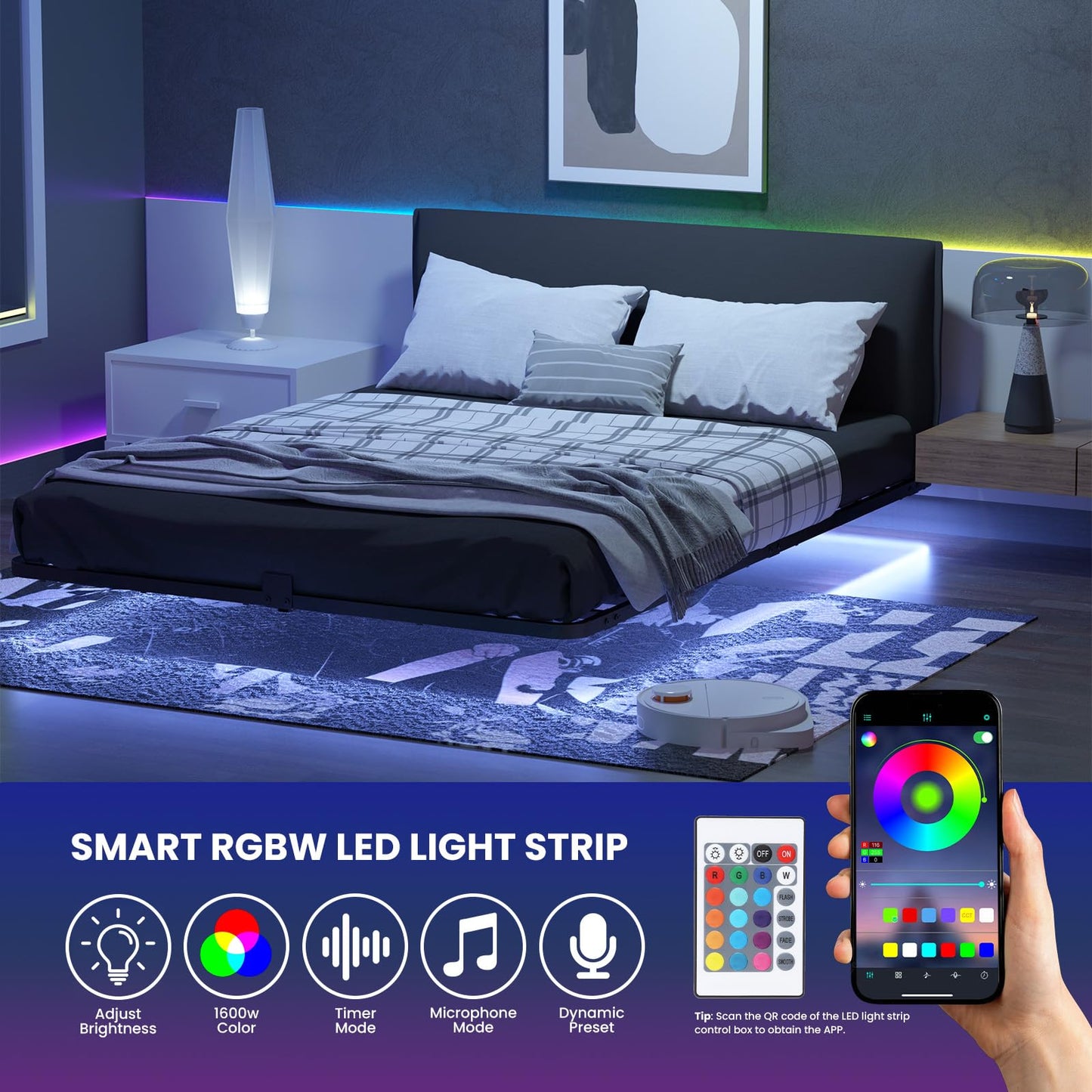 Kaelidra Full Size Floating Bed Frame with Smart LED Lights, Heavy Duty Metal Platform Floating Bed Frame, No Box Spring Needed, Easy Assembly, Noise Free