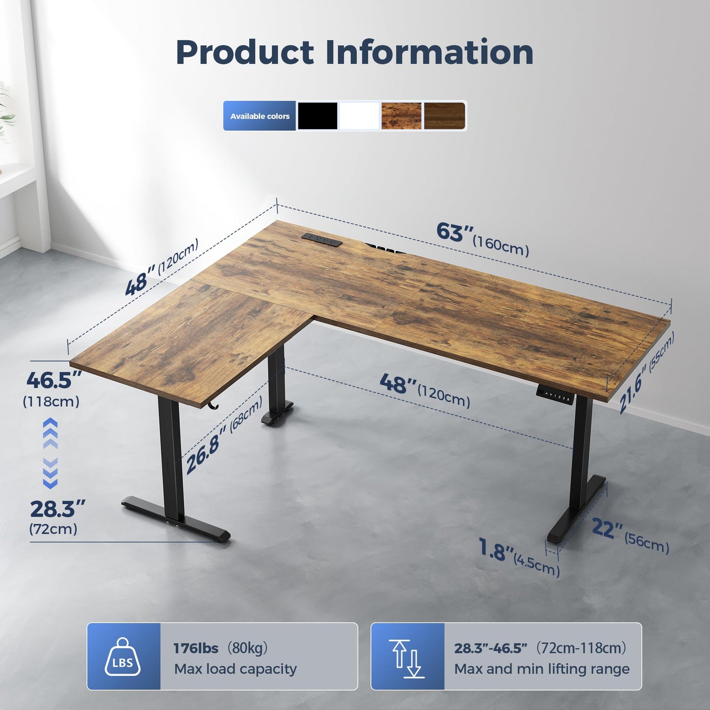 Klicelor L Shaped Standing Desk 63 x 48 Inch,Electric Height Adjustable Corner Desk with Cable Management & Power Outlets, Ergonomic Sit Stand Up Computer Table for Home Office,Rustic Brown