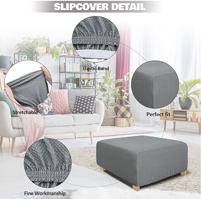 NeColorLife Rectangle Ottoman Cover Jacquard Fabric Ottoman Slipcover Thick