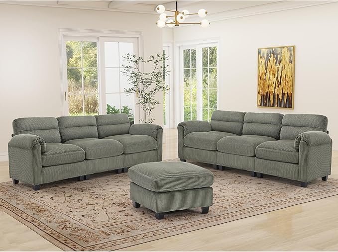 HAOMARKETS Corduroy Sofa Set, Upholstered Ottoman, Modern Loveseat and 3-Seater