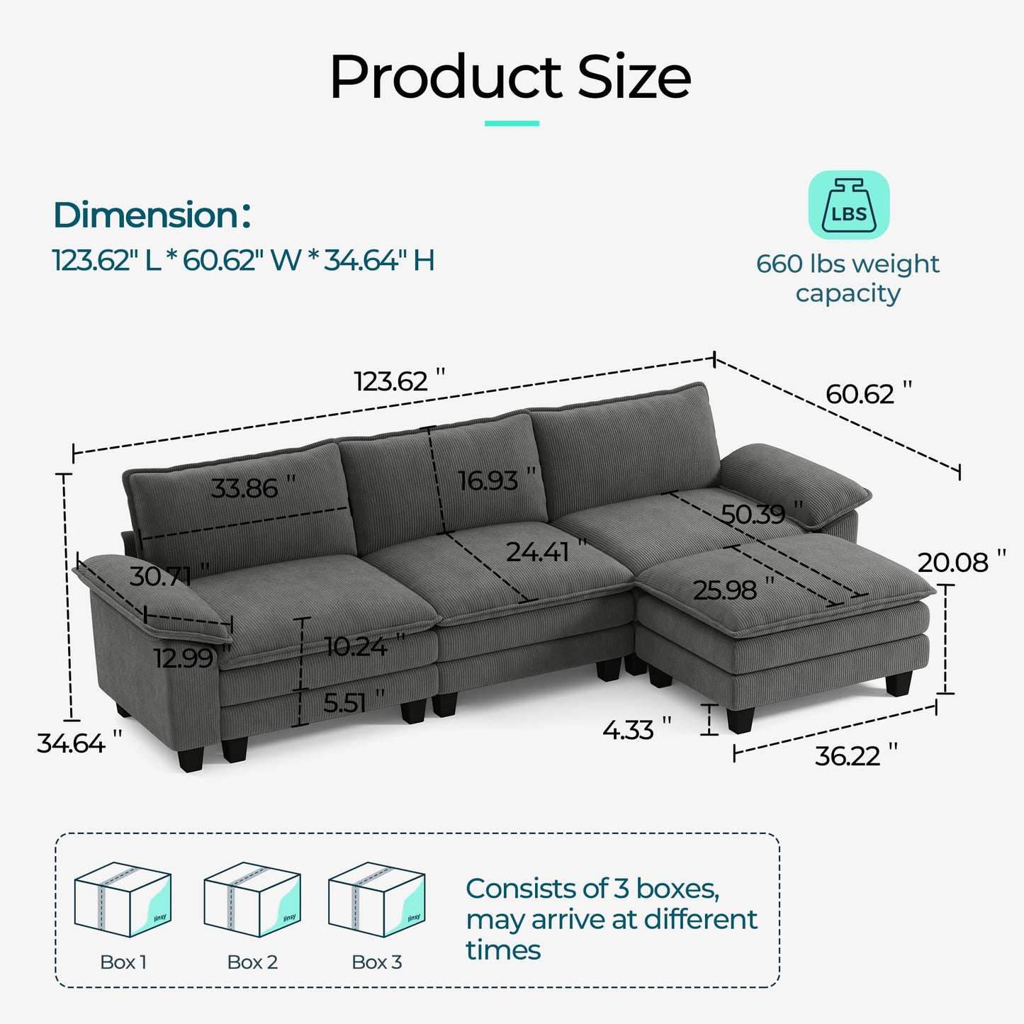 LINSY HOME 123" Modular L-Shaped Sectional Sofa, 3-Seat Corduroy Modern Cloud Couch with Deep Seat & 1 Movable Ottoman, Perfect for Living Room, Office, Bedroom, Grey