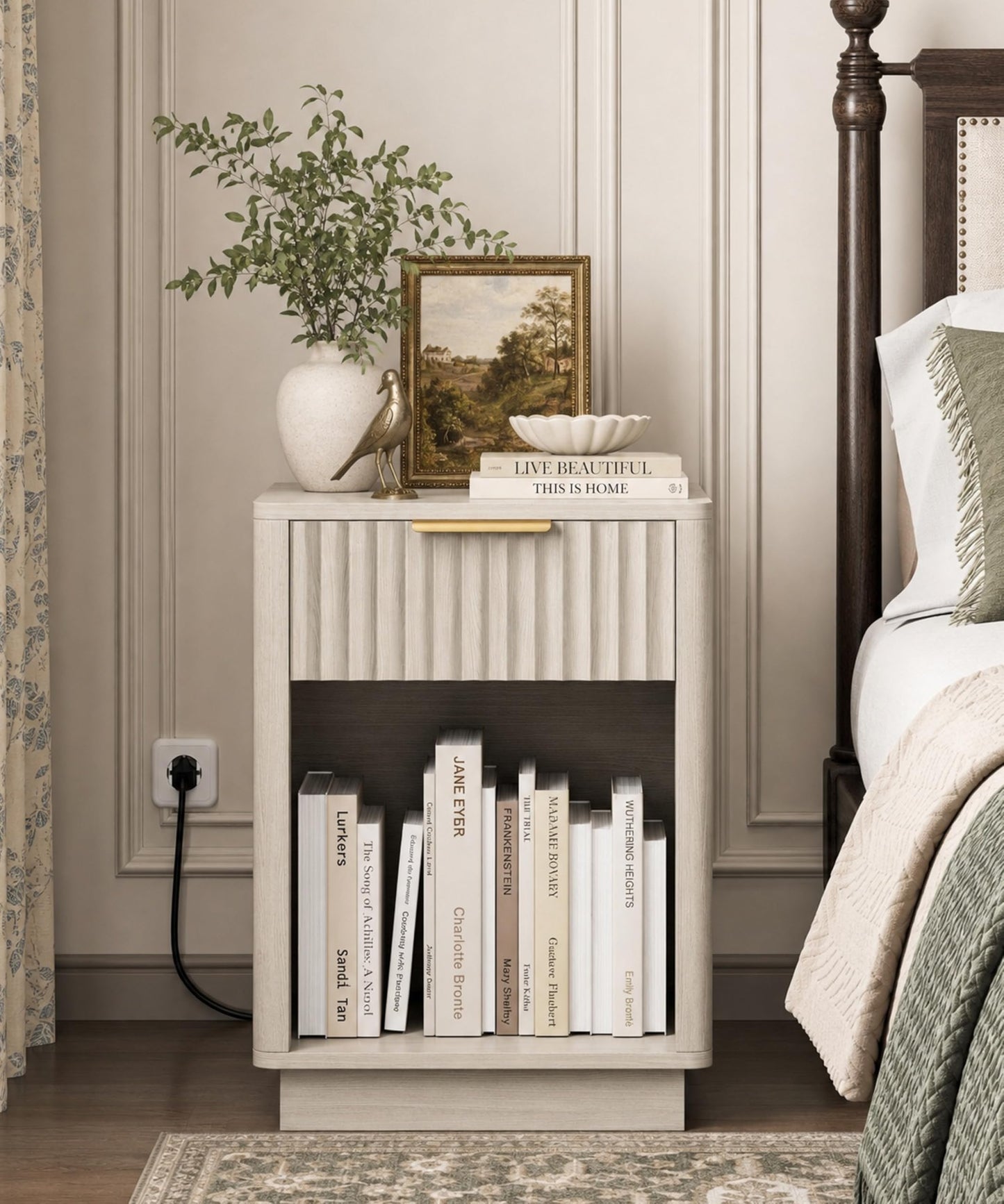 Akxomel Fluted Nightstands Set of 2, Wooden Night Stand with Charging Station and LED Light, Modern Mid Century Bed Side End Table with Drawer, 15" D x 15.7" W x 22.6" H, for Bedroom, White Alder