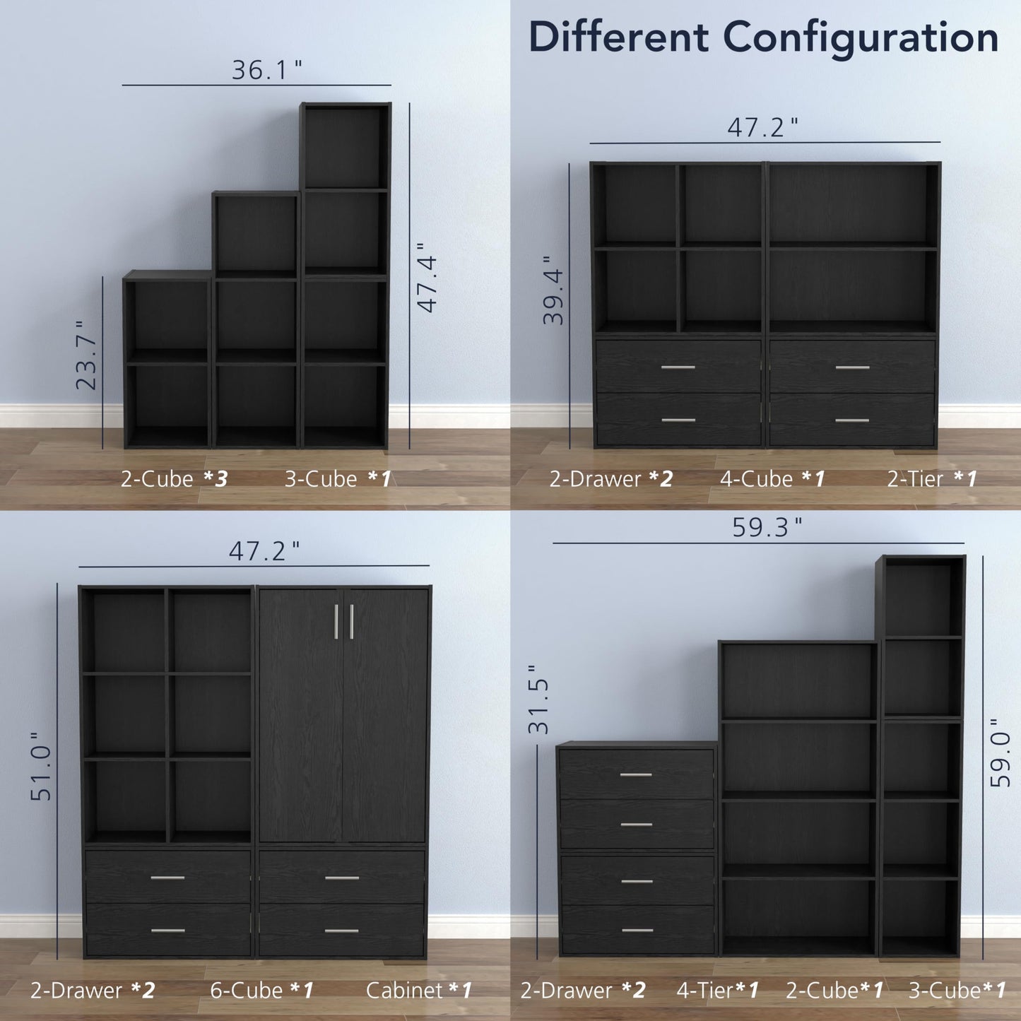 Homes: Inside + Out Apexa 2-Cube Storage Organizer Shelves, Stackable Wood Bookcase Fits Cubby Bins for Organization, Dorm Teen Room Decor & Home Office, Black