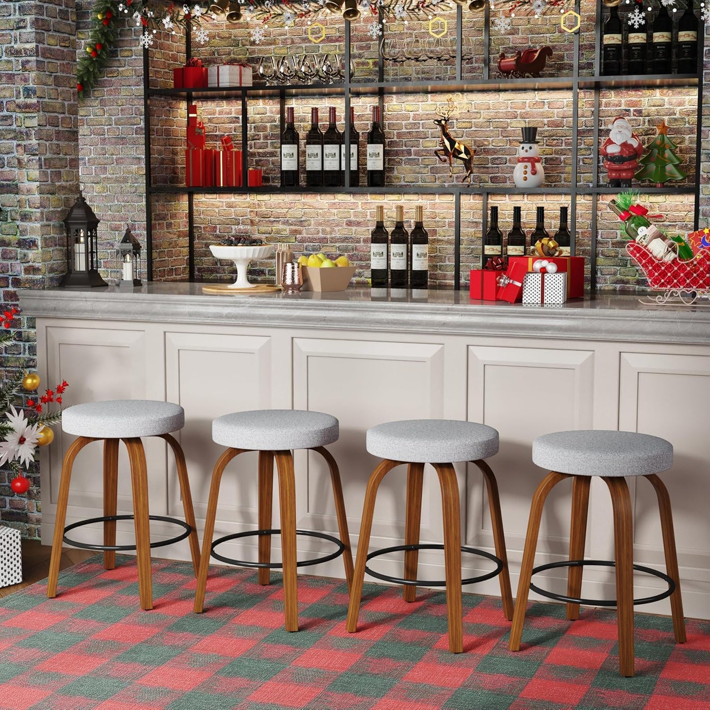 Set of 2 Swivel Bar Stools, 26'' Counter Height Backless Stools with Fabric Upholstered Seats and Sturdy Curved Wood Legs, Mid-Century Modern Design (Grey, 26 inch)