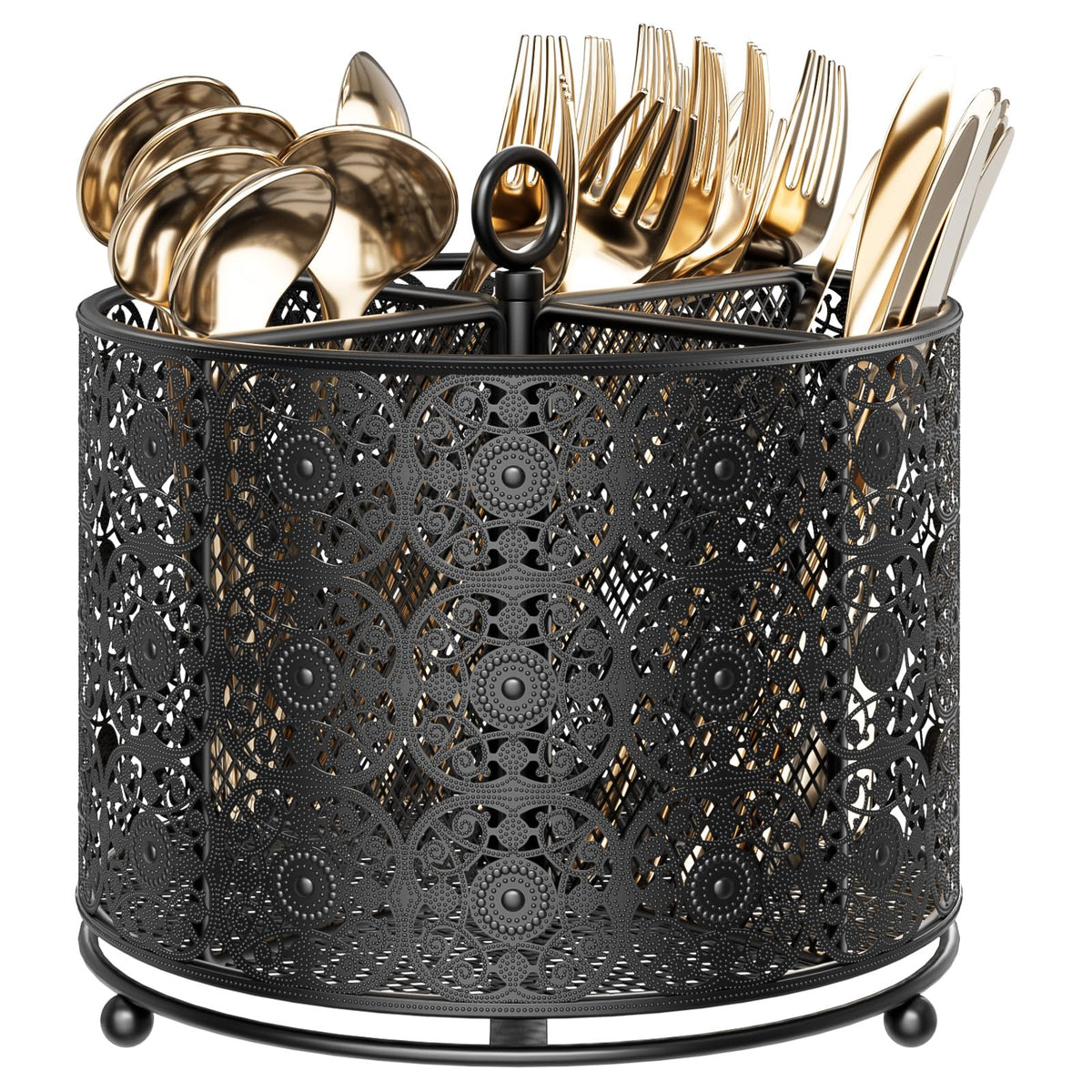YIUKEA 360° Rotating Utensil Caddy Countertop - Cutlery Silverware Caddy Holder with 4 Compartment - Higher Raised Flatware Organizer with Handle for Party Kitchen Counter Office Black
