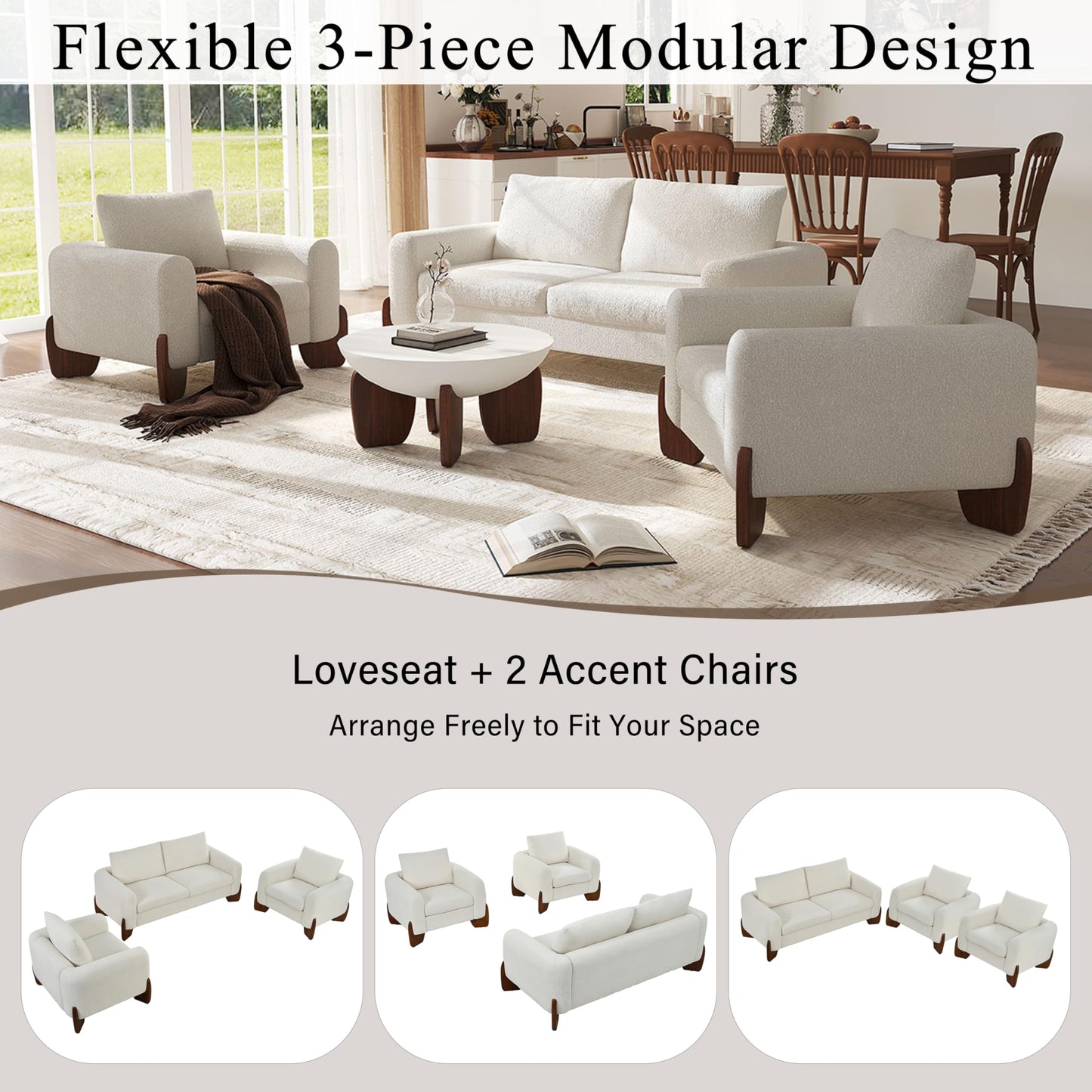 3 Piece Living Room Sofa Furniture Set, Loveseat and 2 Armchairs, Comfortable Modular Sofa for Apartment, Living Room, Beige