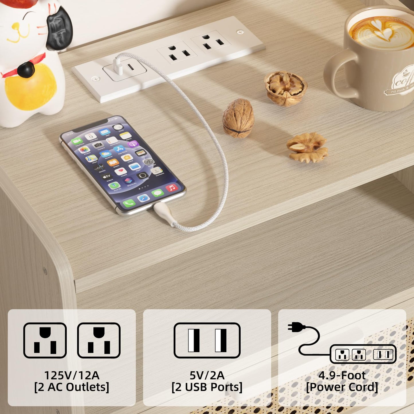 Lerliuo Rattan Nightstand with Charging Station, Side Table with Drawer Open Shelf, Cane Accent Bedside End Table with Solid Wood Legs, Night Stand for Bedroom, Dorm and Small Spaces (Grey White)