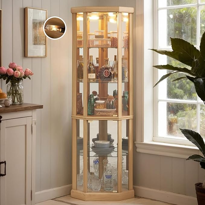 Corner Curio Cabinet, Light Bulb Inclued, Wine Bar China Cabinet