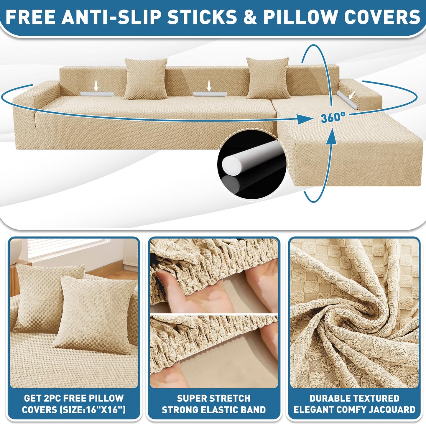 ZNSAYOTX Sectional Couch Covers, Stretch Jacquard Slipcovers with Elastic Bottom for L-Shape Sectional Sofa, 2 Pcs Pet Friendly Modular Sofa Protector (3 Seat Couch + 3 Seat Chaise, Light Beige)