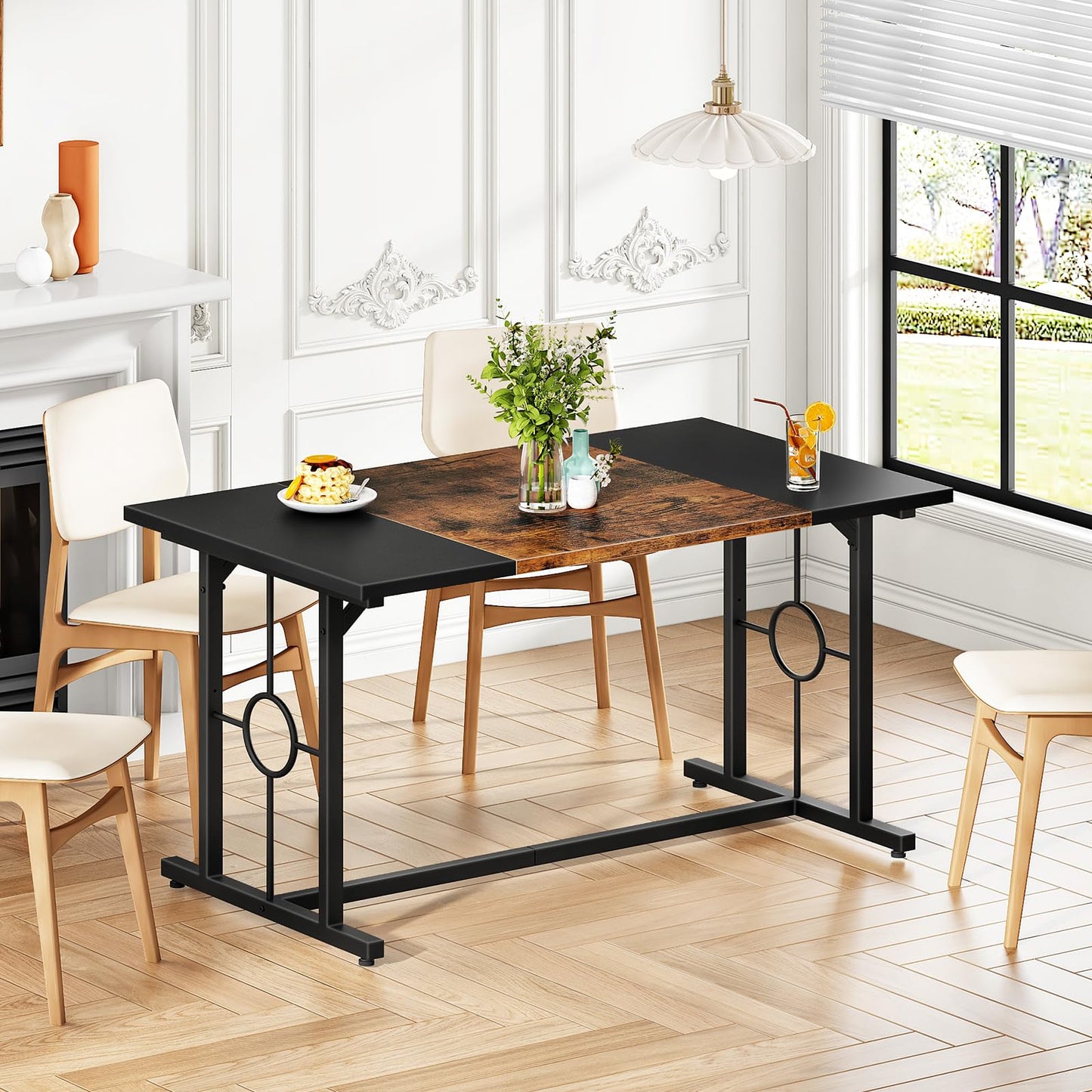 HOOBRO Dining Table, Wooden Kitchen Table for 4-6, Rectangular Dining Room Table with Sturdy Metal Legs, Long Dinner Tables with Large Tabletop for Living Room Kitchen, Rustic Brown and Black BF20CZ01
