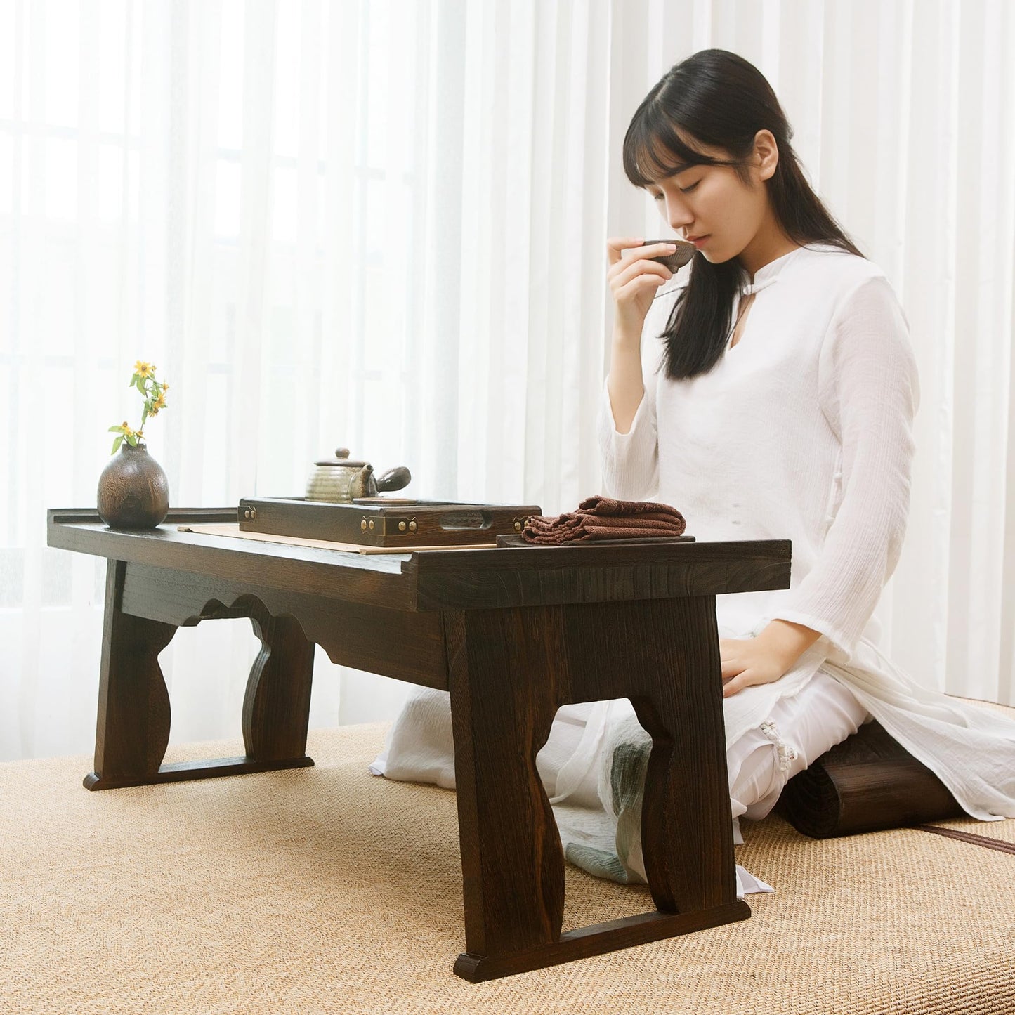 Timwooly Japanese Wood Floor Table with Foldable Legs - Coffee Tables for Living Room, Bed Desk Tray,Meditation Altar, Laptop Desk