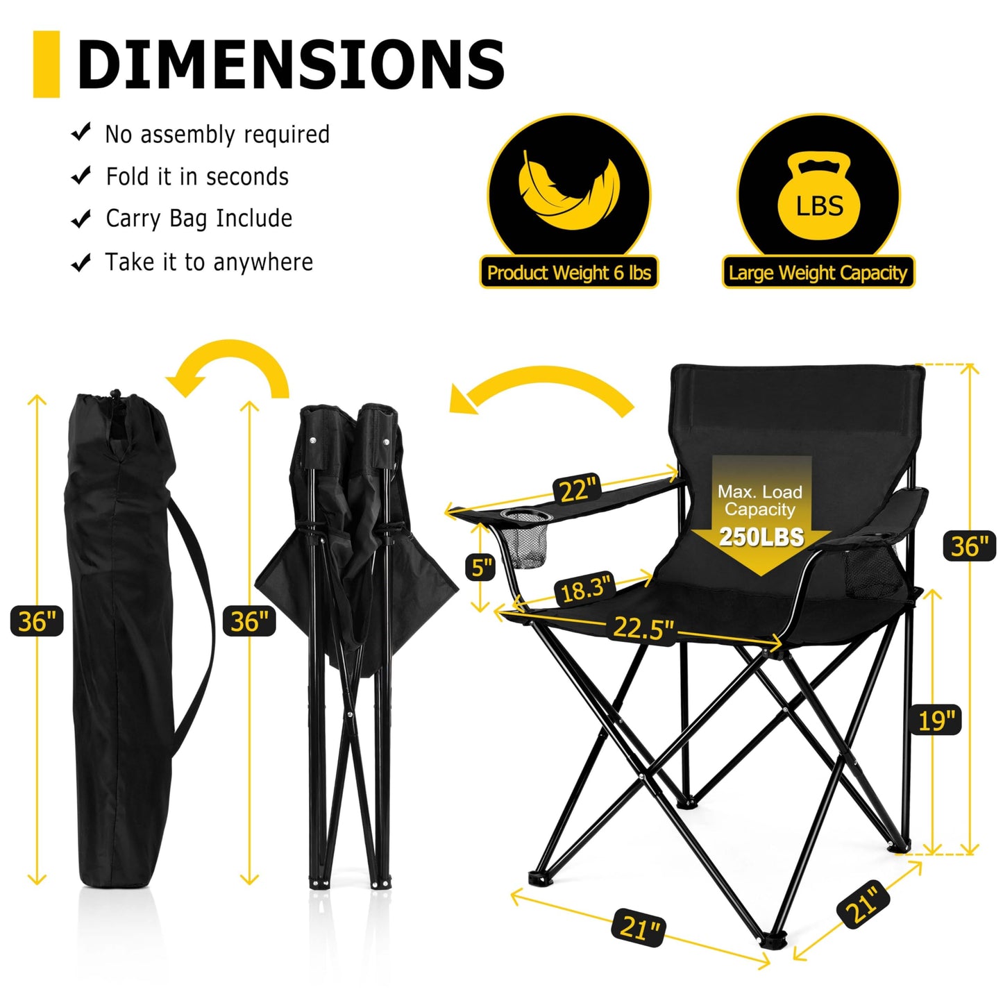 Joyfair Portable Camping Chair, Outdoor Lawn Folding Chairs for Adults, Heavy Duty Large Foldable Chairs for Beach, Fishing, Tailgating and More Outdoor Sport, Carry Bag & Cup Holder (Black)