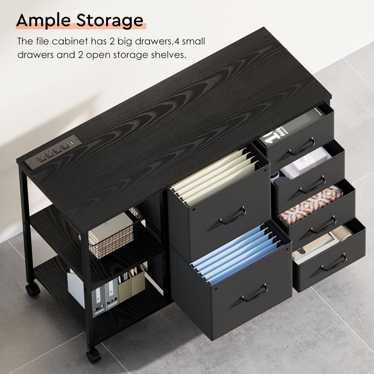 Maihail 6 Drawer File Cabinet with Charging Station Rolling Printer Stand with Open Storage Shelf Fabric Lateral Filing Cabinet for Home Office,Black