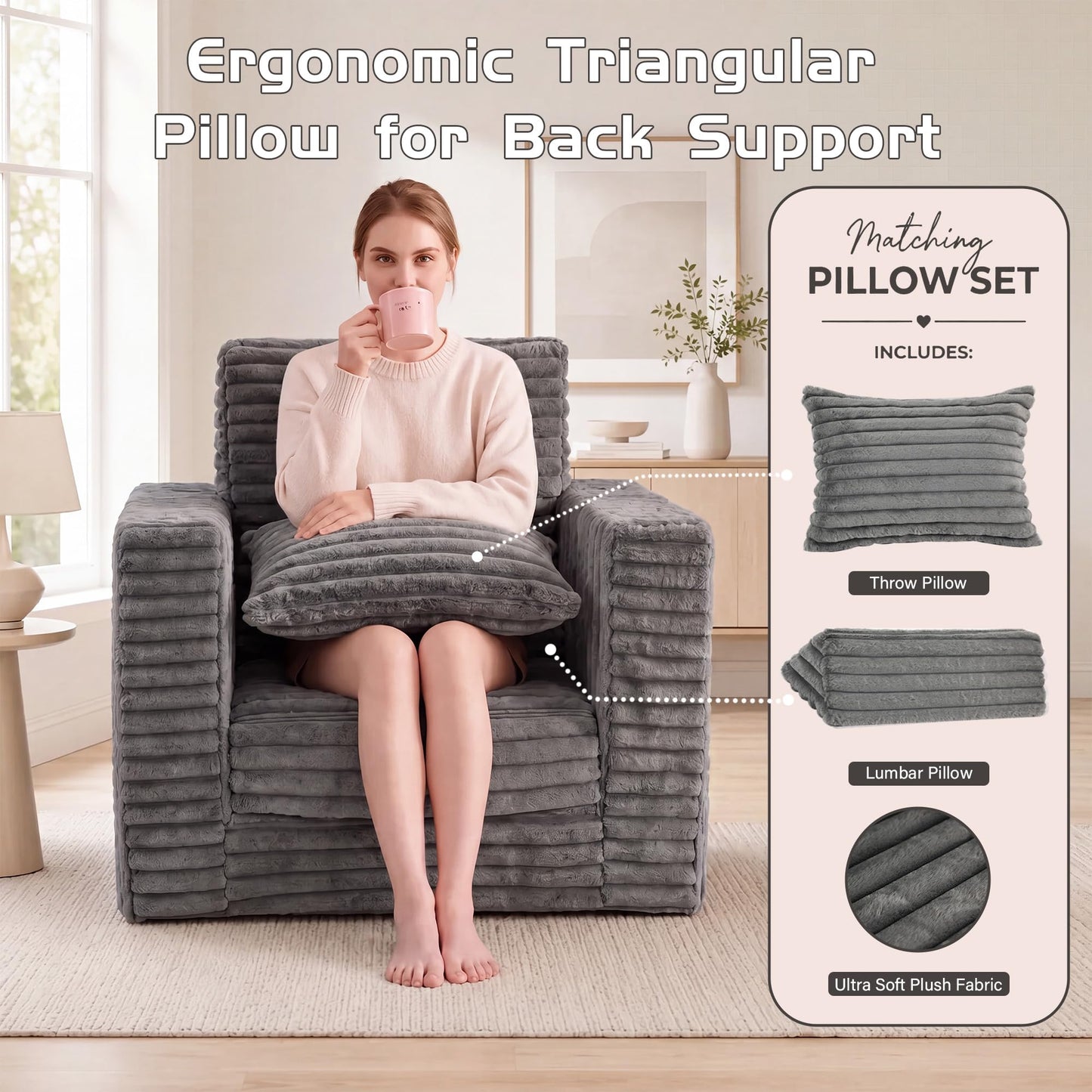 Welnow Folding Sofa Bed, Chair Bed Sleeper for Adults with Triangle Cushion, Boneless Couch with Washable Cover, Fold Out Chair Bed for Living Room Bedroom,Single, Grey
