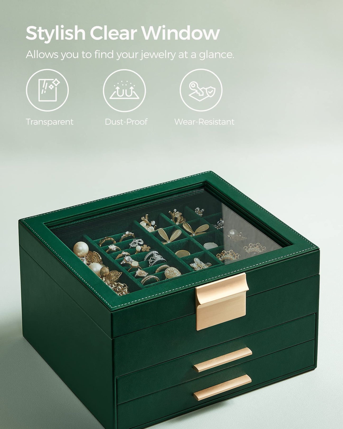 SONGMICS GISELLA Collection - Jewelry Box Organizer, 3-Layer Jewelry Storage with 2 Drawers, Shiny Metal Hardware, Glass Lid, Modern, 8 x 9.1 x 5.3 Inches, Forest Green and Gold Color UJBC239C01