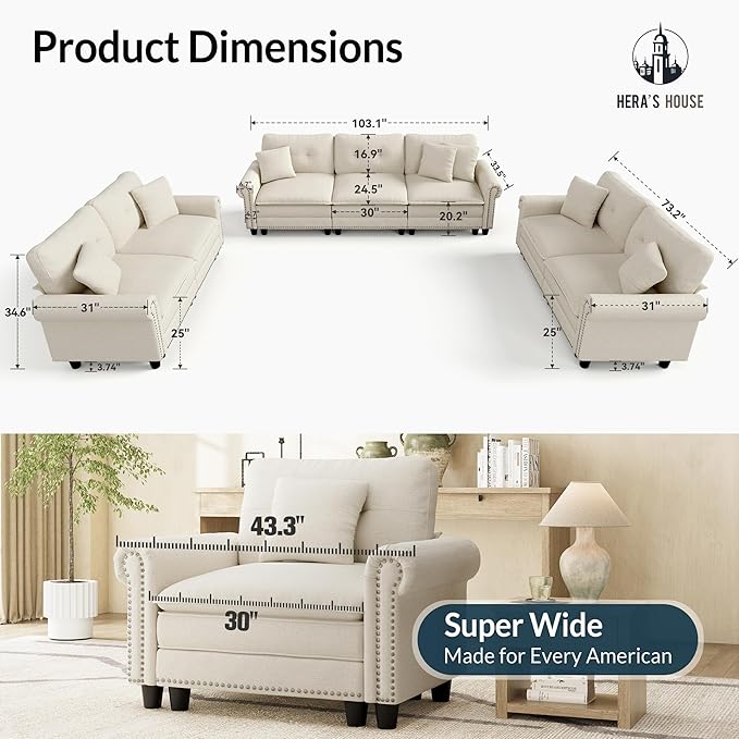 HERA'S HOUSE 3 Pieces Modular Sectional Sofa Sets, Oversized Couch Set