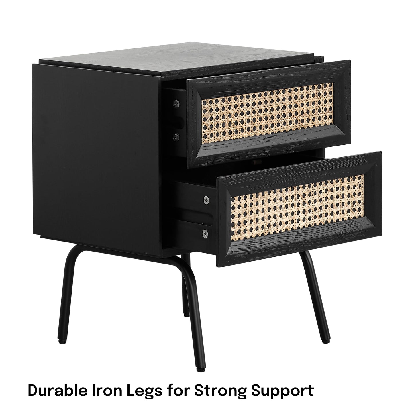 NTC Solid Oak Drawer Face Lulu Nightstand with Natural Rattan Drawer, Mid-Century Side Table for Bedroom, Bedside Furniture, End Table – Waterproof, Heat Resistant, Easy to Assemble – Burnt Black