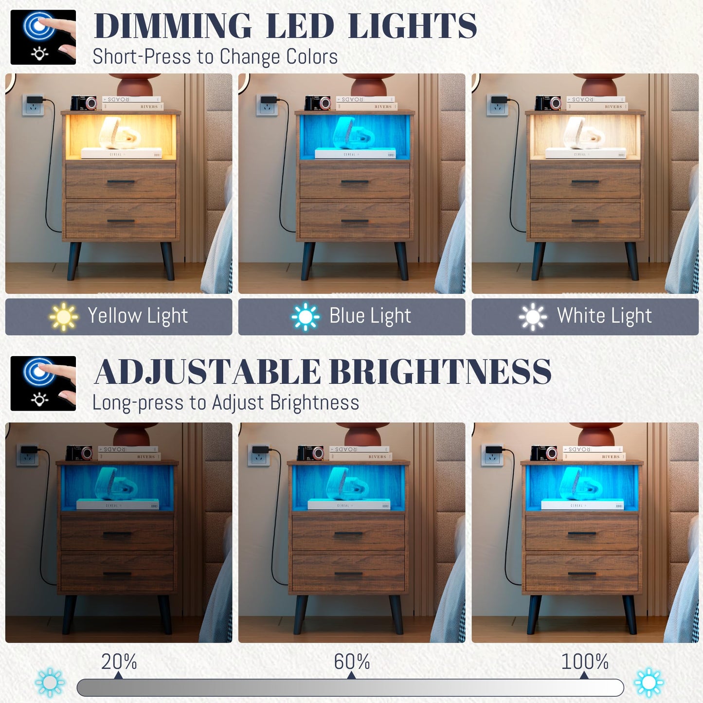 LVSOMT Brown Bedroom Nightstand with Charging Station and LED Lights, Modern Bedside Table with Hidded Drawer, Smart Night Stand with Open Storage Shelf, USB Port, Metal Legs