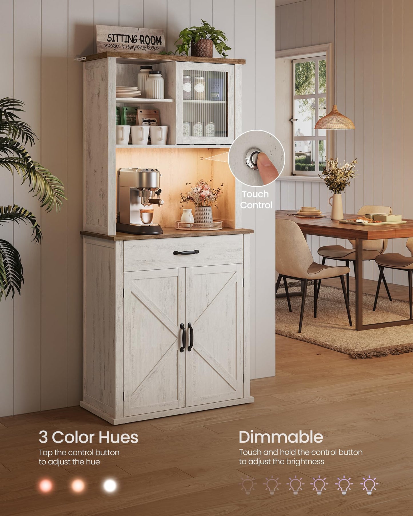 VASAGLE LIRY Collection - 71-Inch Tall Kitchen Pantry Cabinet with Lights and Charging Station, Coffee Bar Cabinet with Doors and Drawer, Farmhouse Style, Adjustable Shelves, Rustic White UBBK363W12
