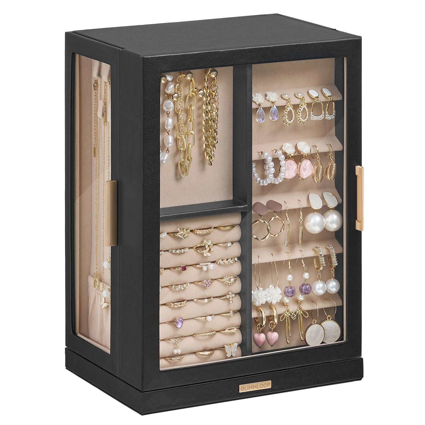 Glimmloop 360° Rotating Jewelry Box with 7 Drawers, Spacious Vertical Jewelry Organizer with Glass Window, Jewelry Storage Case, Dustproof & Moisture-resistant Design, Black