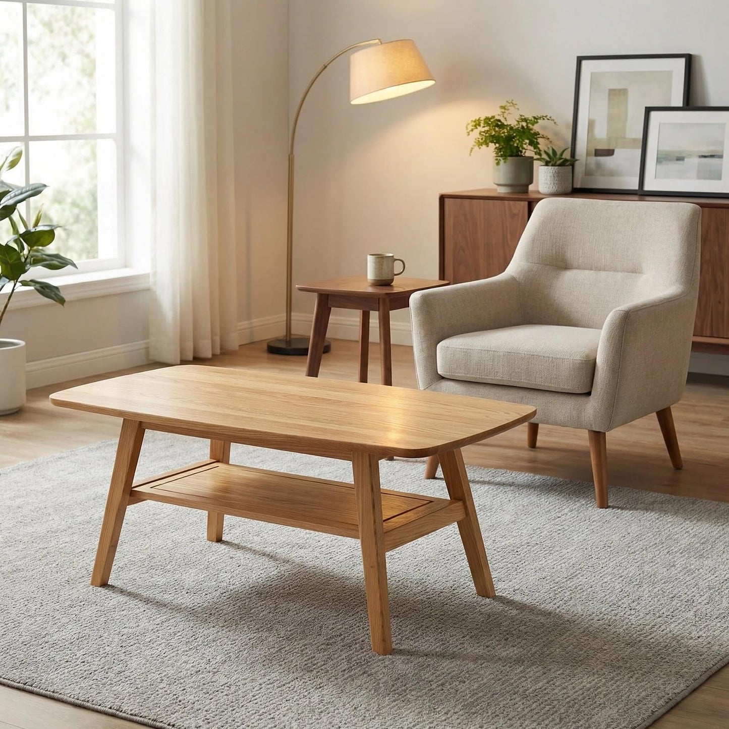 KEIKI 100% Solid Oak Wood Coffee Table, Mid Century Modern Coffee Table with Storage Shelf, 2-Tier, Smooth Corners, for Living Room, Office, Apartment, Wood