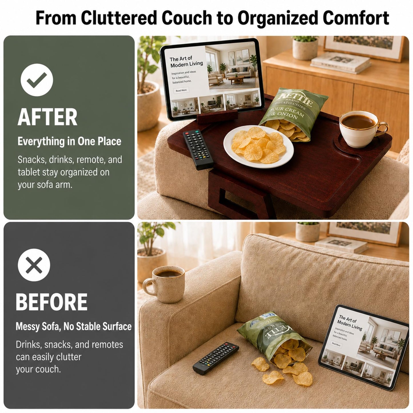 Couch Trays & Sofa Armrest Table - Multi-Functional Arm Trayes for Couch, Perfect Sofa Arm Tray Table for Snacks & Drinks