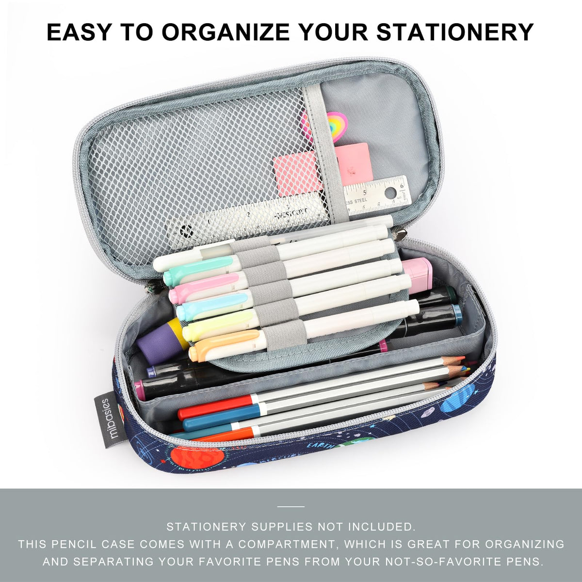 mibasies Boys Pencil Case for Kids, Multi-Slot Pencil Pouch, Galaxy LightGray