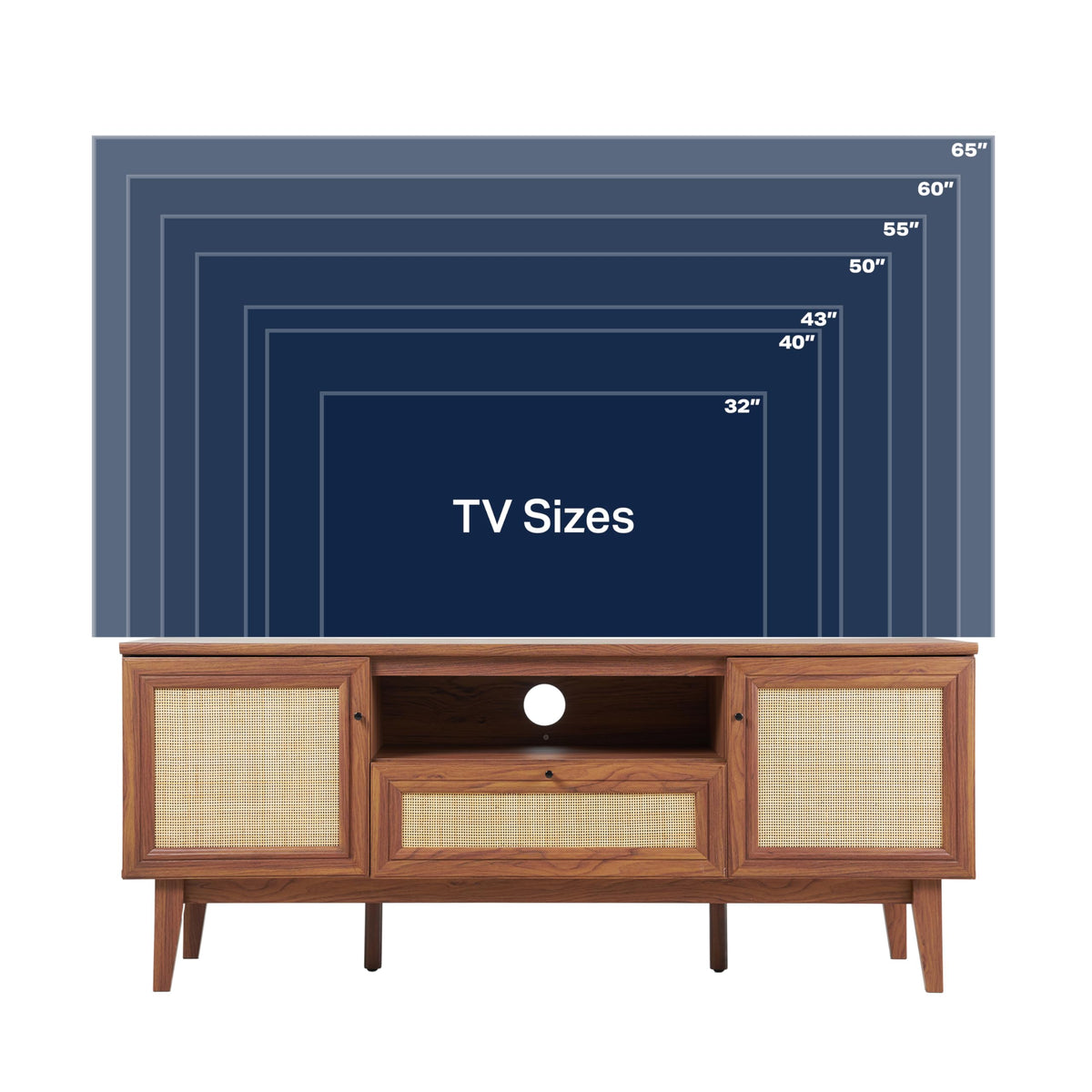 JONATHAN Y Finley 59" Mid-Century Walnut Rattan TV Stand for TVs up to 65 Inch, Wood Media Console with Woven Cane Soft-Close Doors and Drawer, Bohemian Entertainment Center for Living Room TVS1002B
