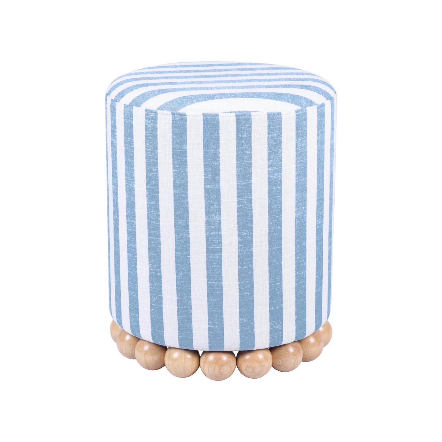 Tov Furniture Dex Pastel Blue Striped Linen Round Ottoman with Wooden Base
