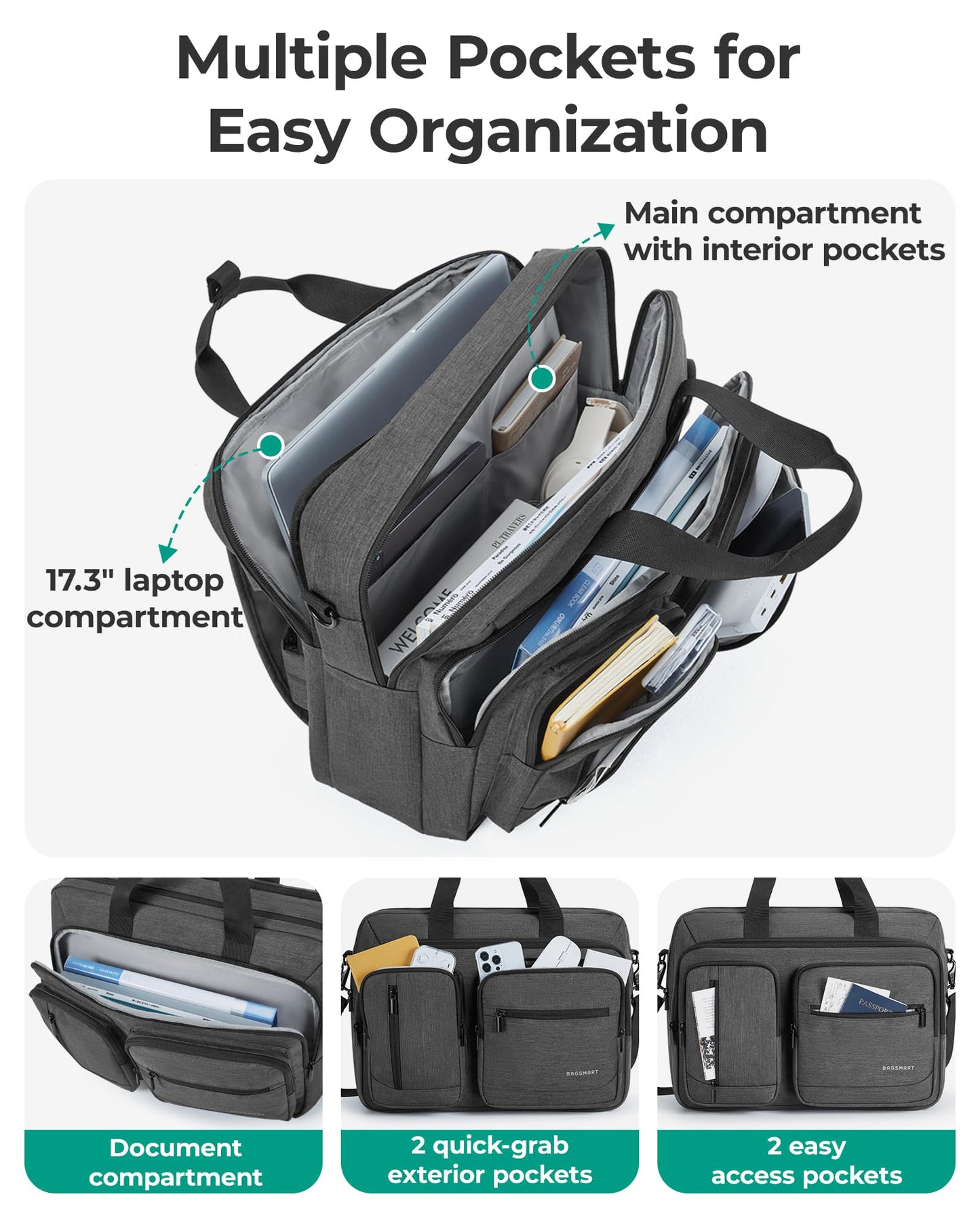 BAGSMART 3 In 1 Laptop Bag for Men, Computer Briefcase 17.3 Inch Laptop Water-Repellent Shoulder Bag, Computer Bag Business Travel Office, Black