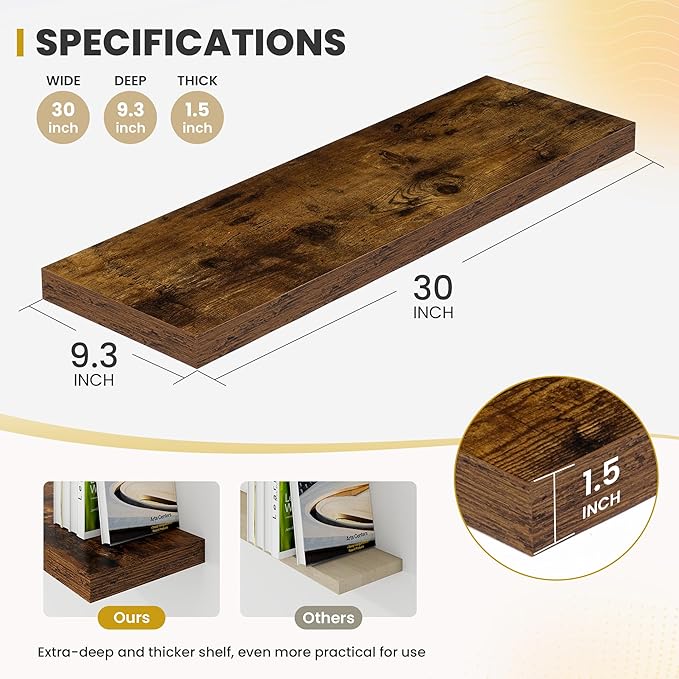 Acovy 30 Inch Floating Shelves, 9.3" Deep Floating Shelf Wall Mounted, Rustic