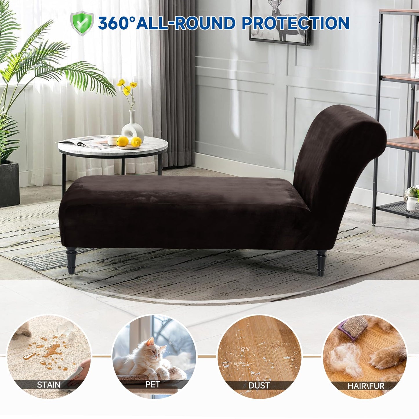 Velvet Chaise Lounge Cover Indoor Armless Chaise Slipcover Luxury High Stretch Ultra Soft Lounge Chair Covers Modern Machine Washable Chair Cover for Living Room Bedroom Furniture, Brown