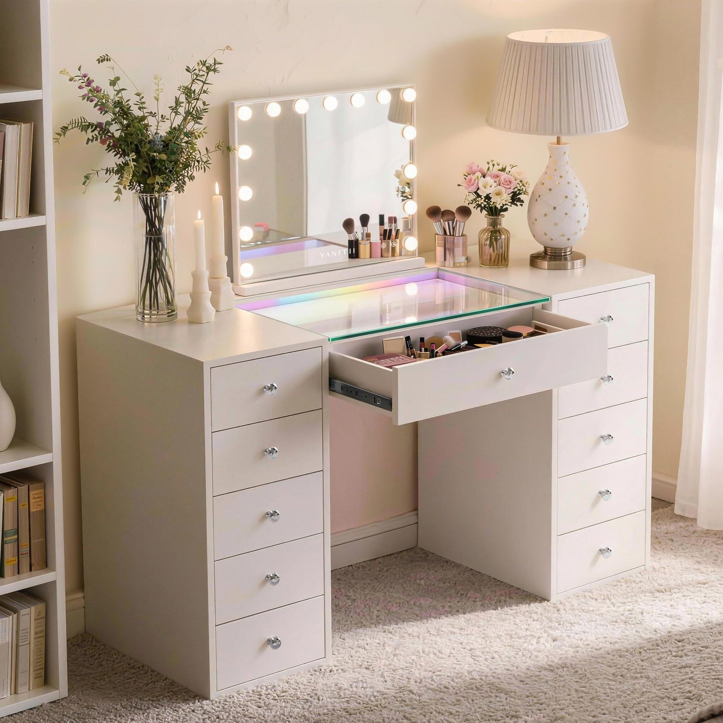 VANITII Vanity Hollywood Mirror with Lights Speaker USB Charging Lighted Makeup Mirror with Bulbs 3 Lighting Modes and Desktop Light up Mirror for Bedroom Dressing Room