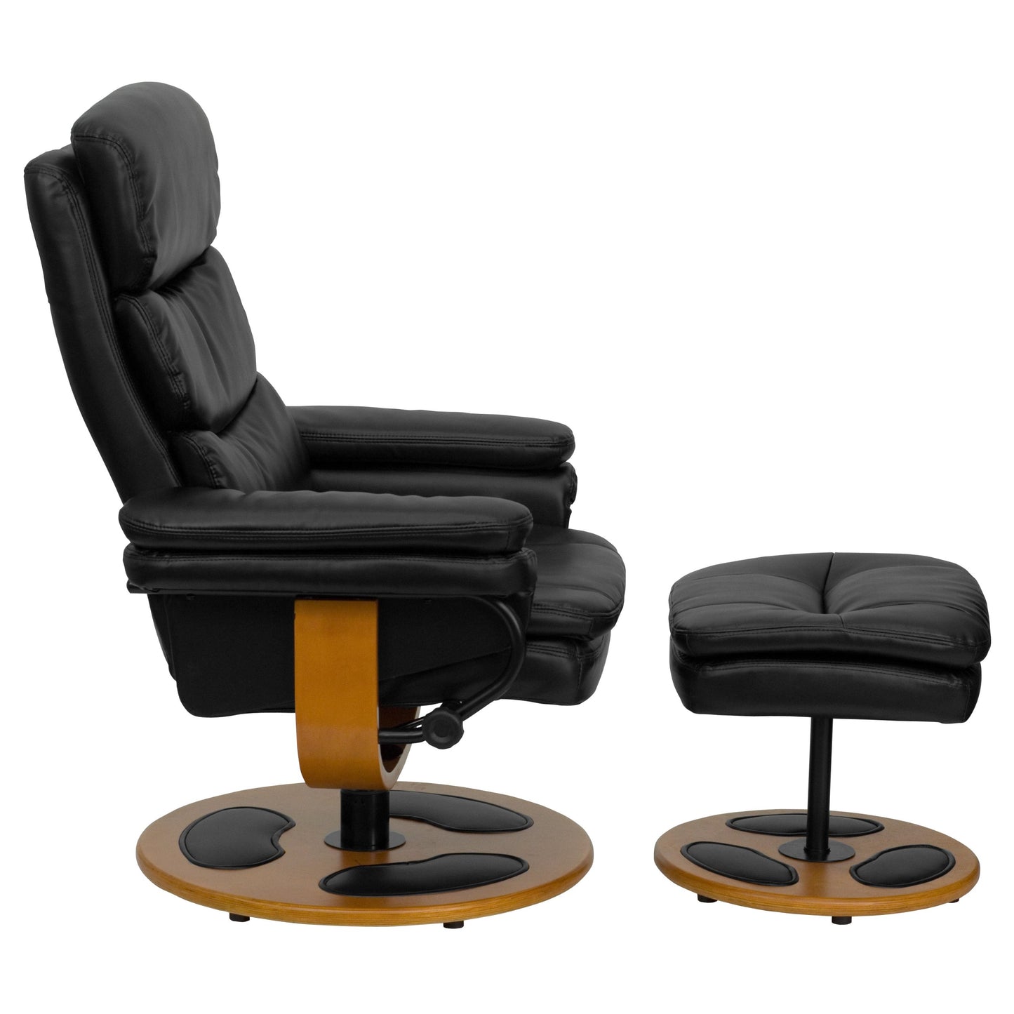 Flash Furniture Whitney Contemporary Multi-Position Recliner and Ottoman with Wood Base in Black LeatherSoft