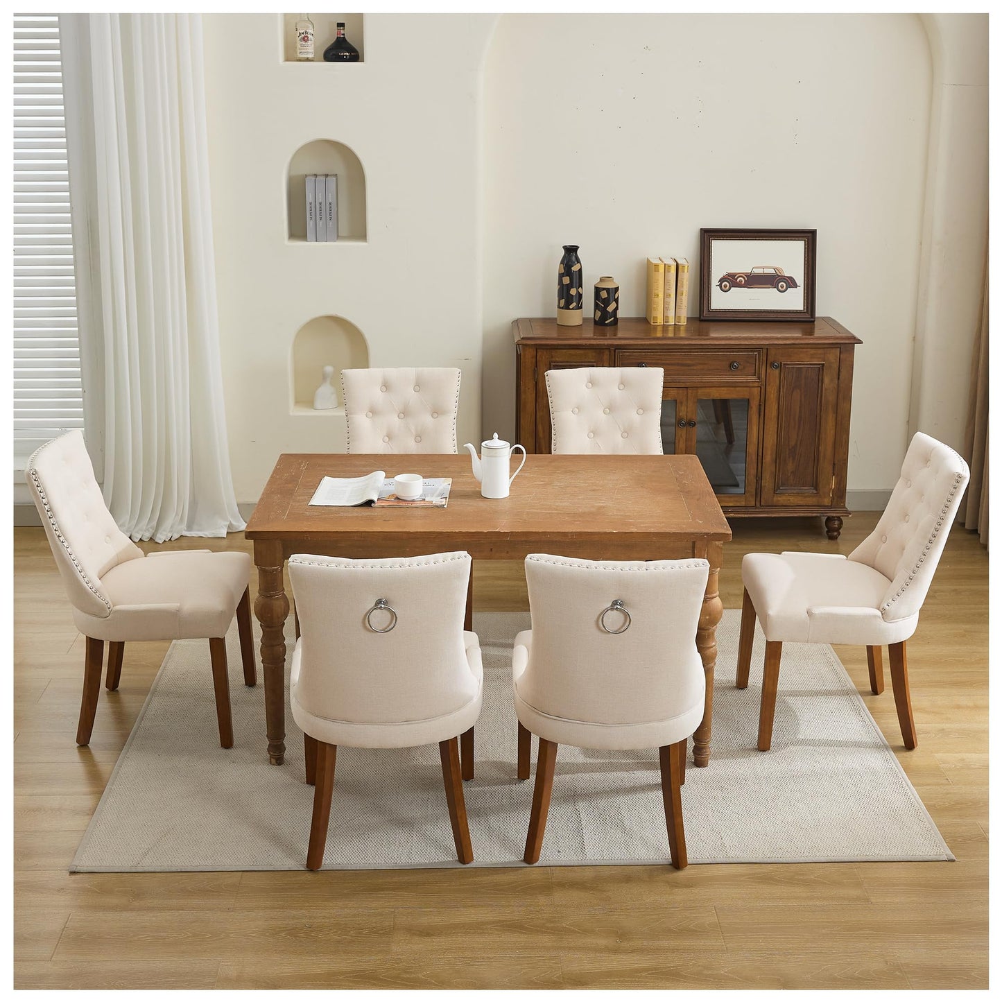 UDAX Upholstered Tufted Dining Chairs Set of 4, Fabric Side Dining Room Chairs with Nailhead Back Ring Pull Trim Solid Wood Legs, Beige